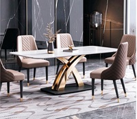 Meubles de salle à manger modernes pour la maison, table à manger en pierre frittée brillante, pieds en acier inoxydable doré, chaises de salle à manger rembourrées en PU, ensemble de 4 pièces