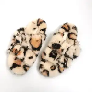 Designer Luxury Mink Sandal Leopard Double Tali Sandal Nyata Mink Bulu Bulu Siilinjarven untuk Wanita