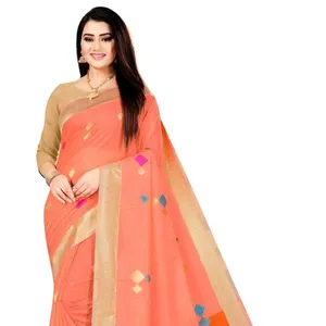 Pure Cotton Pink And Light Blue Simple Daily Wear Simple light embroidered with golden blouse saree for ladies
