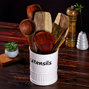 Cylindrical Metal Utensil Holder with Utensils <b>Label</b> for <b>Kitchen</b> Storage Rustic Style Standing Type Durable Design - Product Image 3