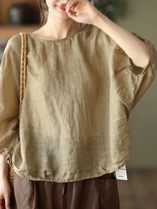 Nuevas camisetas Vintage de <span class=keywords><strong>lino</strong></span> y algodón para <span class=keywords><strong>mujer</strong></span>, Jersey fino de manga de murciélago, blusas informales holgadas, estilo artístico elegante - Product Image 4