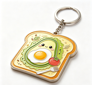 Lindo llavero metálico esmaltado con diseño de aguacate, huevo y tostada, colgante de comida, regalo - Product Image 1