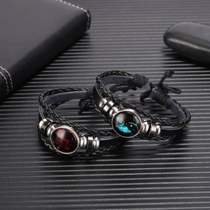 Douze Zodiac Couple Bracelet Verre Cross-border Multi-couche Perle Lumineux Punk Vache En Cuir Ciel Étoilé Bracelet - Product Image 3
