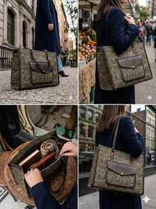 Vintage Aged Bronze/Gold Tote Bag Set — 2pcs Women's Shoulder Bag with Front Pocket & Matching Pouch - Product Image 3