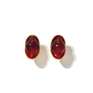 Fashion <b>Stud</b> <b>Earrings</b> 316L Stainless Steel PVD Gold Plating Red Gemstone Oval Shape - Product Image 1