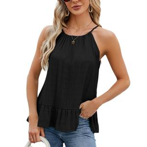 Printemps et été nouvelle vente en gros femmes hauts mode matériau mince hauts courts suspendus cou département couleur unie bretelles - Product Image 1