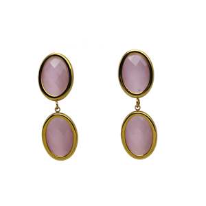 ต่างหูแฟชั่นทรงหยดน้ำ สแตนเลส 316L ชุบทอง PVD ประดับพลอยสีชมพูรูปไข่ - Product Image 1