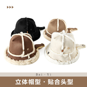 หมวกบักเก็ตบุขนแกะกันลมหนาวสำหรับฤดูใบไม้ร่วงและฤดูหนาว หมวกชาวประมงสีพื้นสำหรับผู้หญิง สีกากี เบจ น้ำตาล ดำ - Product Image 5