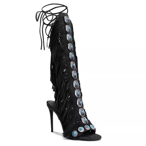 <span class=keywords><strong>Botas</strong></span> occidentales Zapatos de <span class=keywords><strong>mujer</strong></span> Fábrica fabricante personalizado Venta al por mayor Rhinestone Estilo rural Hasta la rodilla Bota con flecos de vaquero - Product Image 4