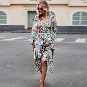 Vestido de <span class=keywords><strong>manga</strong></span> <span class=keywords><strong>larga</strong></span> con cuello en V y estampado informal para vacaciones de primavera/verano para mujer, estilo europeo y americano 2024 - Product Image 3