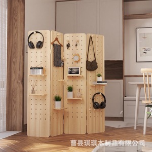 Nordic Style Solid Wood Folding Pegboard Screen Partition With Storage Shelves For <b>Room</b> <b>Divider</b> - Product Image 4