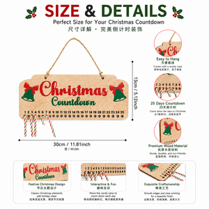 Calendario de Adviento de Madera con Soporte para Bastones de Caramelo, Decoración Navideña para Colgar en la Pared, Decoración Festiva Reutilizable - Product Image 4