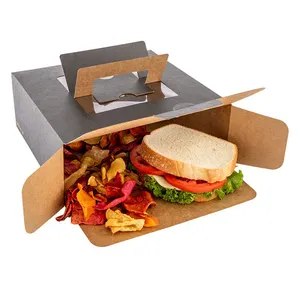 Square paper black cake boxes disposable take away paper lunch box with pop-up handle