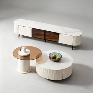 Ensemble de meuble TV moderne blanc cannelé et table basse ronde avec portes en verre ambré pour salon d'appartement - Product Image 2