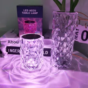 Lámpara de mesa de lujo recargable con Usb, cristal táctil acrílico brillante para escritorio, con efecto de sombra de rosa, para dormitorio y sala de estar