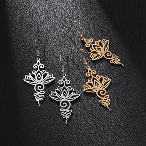 Unalome Boucles d'oreilles pendantes Hippie en acier inoxydable Yoga Lotus Flower Drop Boucles d'oreilles pour femmes Bijoux bouddhistes uniques - Product Image 2