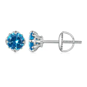 925 Sterling Silver Blue Cubic Zirconia Screw Back Stud Earrings For Girls