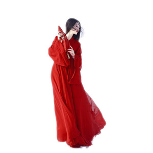 Vestido Hanfu Estilo Wei Jin para Mujer, Color Rojo, Manga Larga, Color Sólido, Traje Tradicional Chino para Boda, Tela de Viscosa - Product Image 5