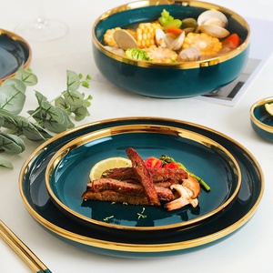 Service de table en céramique <span class=keywords><strong>vert</strong></span> émeraude de luxe avec bordure dorée, assiettes et bols en porcelaine royale européenne pour mariage, banquet, hôtel - Product Image 4
