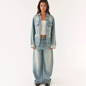Low Price High Quality Women's Denim Casual Shirt Acid Wash Faded Vintage Jeans Set - Product Image 2