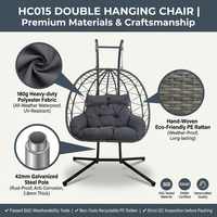 Fauteuil suspendu double en rotin tressé avec support et coussin, chaise longue balançoire pour jardin, terrasse et balcon