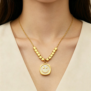Collier en acier inoxydable plaqué or 18 carats pour femmes, tendance INS, pendentif en forme de barre d'or, visage souriant, coquille, bijoux - Product Image 3