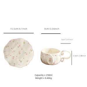 Conjunto de Xícaras de Café e Pires de Cerâmica Artesanais Estilo Francês com Flores Pintadas à Mão em Relevo e Prato de Sobremesa para Chá da Tarde - Product Image 3