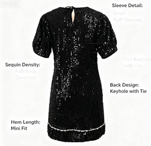 पूर्ण सीसिन सजावट गोल गर्दन पीछे विभाजित छोटी आस्तीन प्यूफ आस्तीन ढीली सिल्हूट फैशन न्यूनतम महिला काली पोशाक - Product Image 6