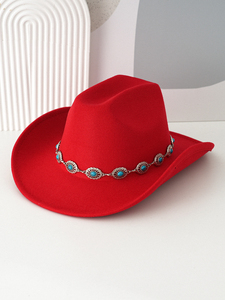 Sombrero de Vaquero de Fieltro de Moda Chic con Cinturón de Piedras Turquesas, Sombreros de Vaquero del Oeste para Mujer - Product Image 6