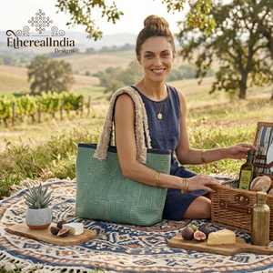 Sac fourre-tout vert en coton géométrique, fait main, avec franges, style bohème, grand format, pour usage quotidien, vente en gros, fournisseur d'exportation Inde - Product Image 1