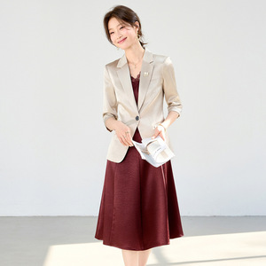 Women's Burgundy Suit Set Satin Blazer Pants Professional Office Wear Slim Fit Solid Color Spring Summer 2026 - Product Image 4