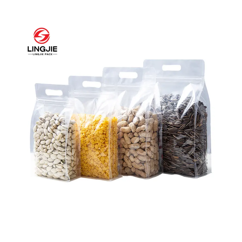 휴대용 손잡이와 8 개의 측면 씰 투명 가방 자체 접착 가방 곡물 식품 포장 가방 견과류 간식