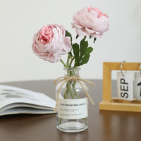 Fleur artificielle de renoncule rose à tige unique en soie, fausse fleur de ménche avec feuilles vertes pour vase de mariage et décoration florale d'intérieur (vente en gros)