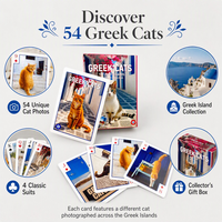 Cartes à Jouer avec Photos de Chats Grecs - 54 Motifs de Chats Uniques, Écologiques, Durables, Coins Arrondis, Logo Personnalisé, Finition Vernie en Couleur