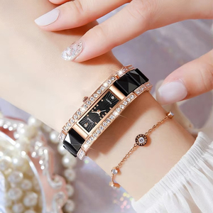 Montre de luxe pour femme avec accent carré en cristal, boîtier en céramique or rose, bracelet en acier inoxydable, étanche 30M, montre-bracelet habillée - Product Image 5
