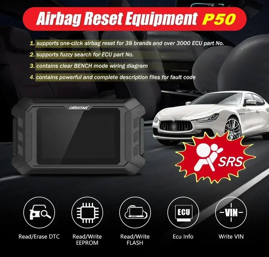 OBDSTAR P50 Reinicio de Airbag + PINCODE Cubiertas inteligentes para equipos de reinicio de Airbag 38 marcas y más de 3000 ECU Parte No. Extr