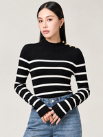 Pull en laine tricoté ajusté Jfy1691, rayé noir et blanc, col semi-montant, manches longues, haut d'automne