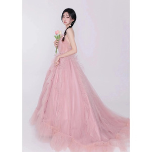 Strapless Pink Tulle Ball Gown Empire Waistline Wedding Dress For Photography Studios Outdoor Portrait Travel Light Gown - Product Image 5