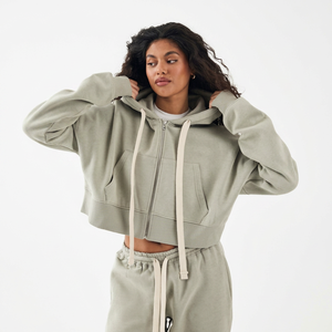 Ensemble sweat à capuche court 100 % coton pour femme, couleur unie, molletonné, avec fermeture éclair, décontracté, pour l'automne, vente en gros - Product Image 1