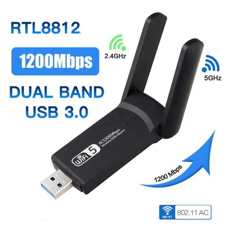 Adattatore wifi dual band 802.11ac 1200Mbps RTL8812BU 2.4Ghz e 5Ghz scheda di rete Wireless Dongle Wifi USB3.0 per computer