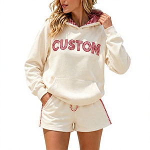 Conjuntos de Ropa Deportiva de 2 Piezas Personalizables para Mujer, Sudadera con Apliques a Cuadros y Letras, Sudadera con Capucha y Ribete de Gingham y Pantalones Cortos, Ropa Deportiva Juvenil - Product Image 1