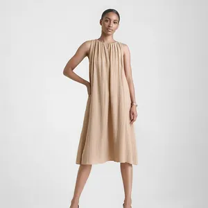 Individuelles Damen-Midi-Kleid atmungsaktiv Sommer Baumwollkleidung locker lässig Rundhalsausschnitt kurze Ärmel für Strandurlaub mit Taschen