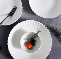 Servies van wit porseleinen kommen en borden met gegolfde rand, milieuvriendelijk, BPA-vrij, voedselveilig, met aangepast logo, modern design, geschikt voor salade en soep.