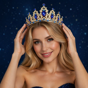 Couronne de reine moderne en alliage plaqué or de haute qualité avec strass pour mariage, concours de beauté, occasions formelles, vente en gros - Product Image 1