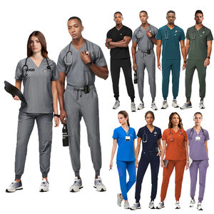Conjuntos de <span class=keywords><strong>pijama</strong></span> elástico cepillado ropa de mano cuello en V manga corta Hospital enfermera traje hombres Tejido estilo coreano ropa de mano - Product Image 1