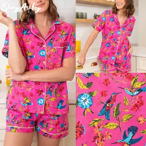 Custom Printed Women Matching Tshirt And Shorts Set Lounge Wear Pajamas Nightwear 2 Pieces Set 100% Cotton Sleepwear Pyjamas