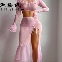 Ensemble jupe longue deux pièces en maille transparente rose sexy F1701 pour femme, tenue de plage d'été tendance à taille haute