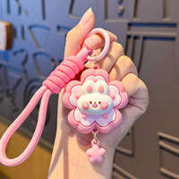 Porte-clés pendentif ours fleuri mignon, figurine de dessin animé tridimensionnelle, lapin créatif, cadeau pour étudiant