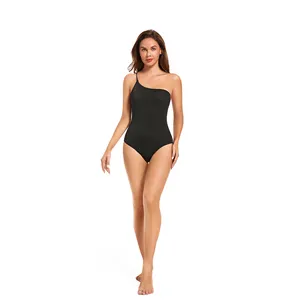 棕褐色贯穿泳衣女式一体式泳衣黑色单肩蝴蝶结泳衣