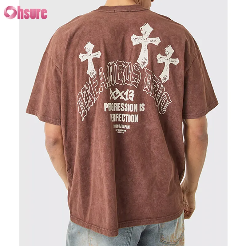 Kaus katun cuci asam berat 100% kualitas tinggi kaus vintage streetwear ukuran besar kaus kustom untuk pria